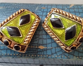 Green Art Deco, Geometric Design, Enamel Vintage Earrings, gift bag