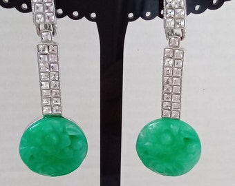 KENNETH JAY LANE Carved "Jade" and Cubic Zirconia Drop Earrings, signed, branded velvet pouch