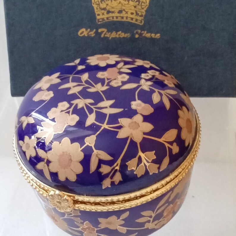 Old Tupton Ware royal blue and gold hand painted trinket pot with hinged lid, branded satin lined box