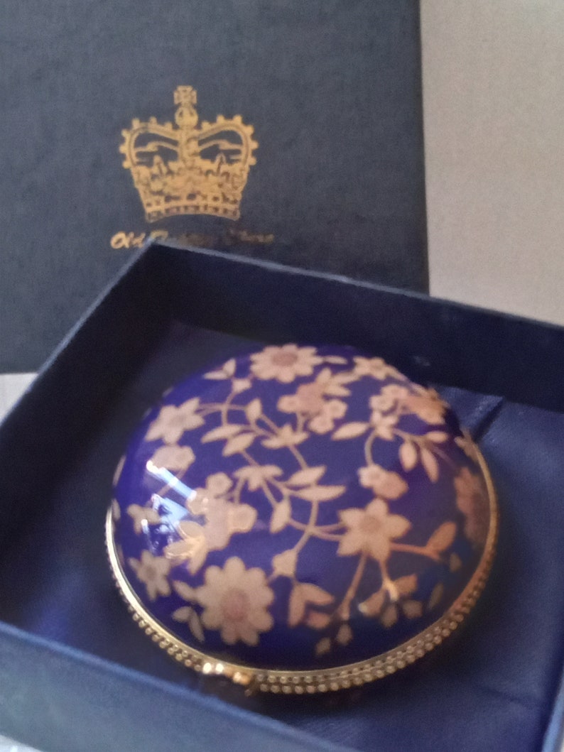OLD TUPTON WARE Hand Painted Royal Blue and Gold Trinket Box, hinged lid, branded satin lined box image 7