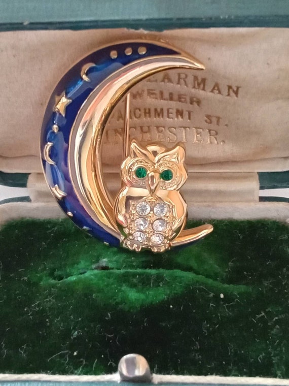 Owl on the Moon Enamel and Crystal Vintage Brooch… - image 1
