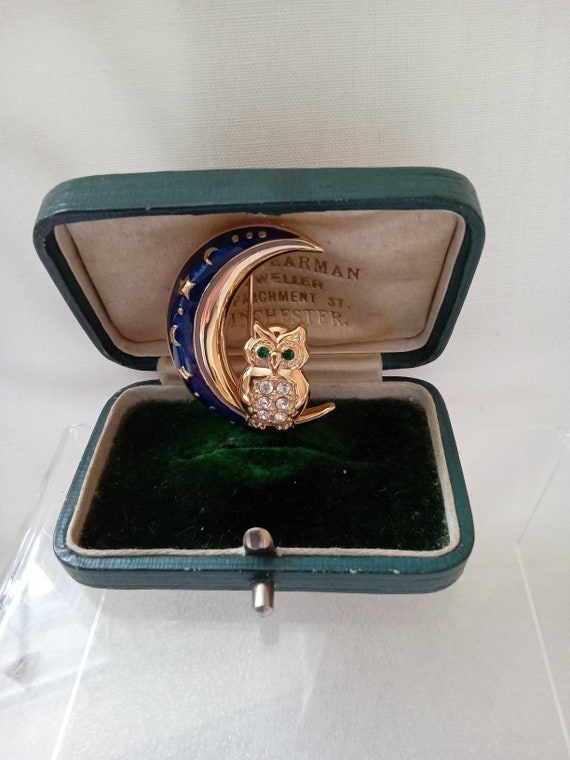 Owl on the Moon Enamel and Crystal Vintage Brooch… - image 3