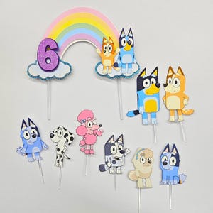 Topper per torta e cupcake Bluey, cane Bluey, Bluey, decorazioni per feste, arcobaleno, festa a tema Bluey