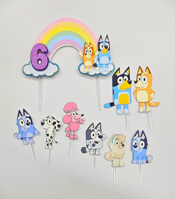 Bluey Cake Topper Set: Personalized Age, Rainbow Party Decor