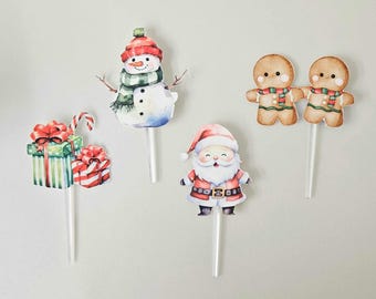 Adornos para cupcakes navideños: Papá Noel, muñeco de nieve y hombrecitos de jengibre.