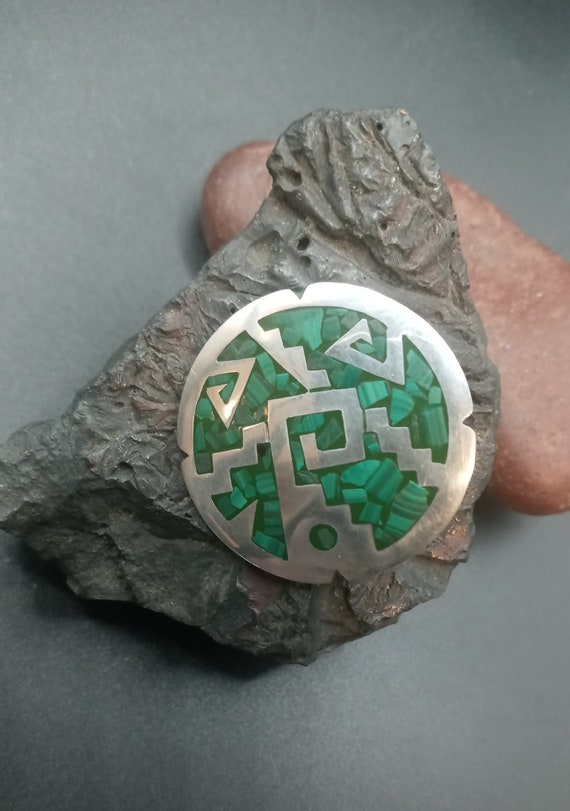 Taxco Sterling Silver Malachite Pendent Brooch