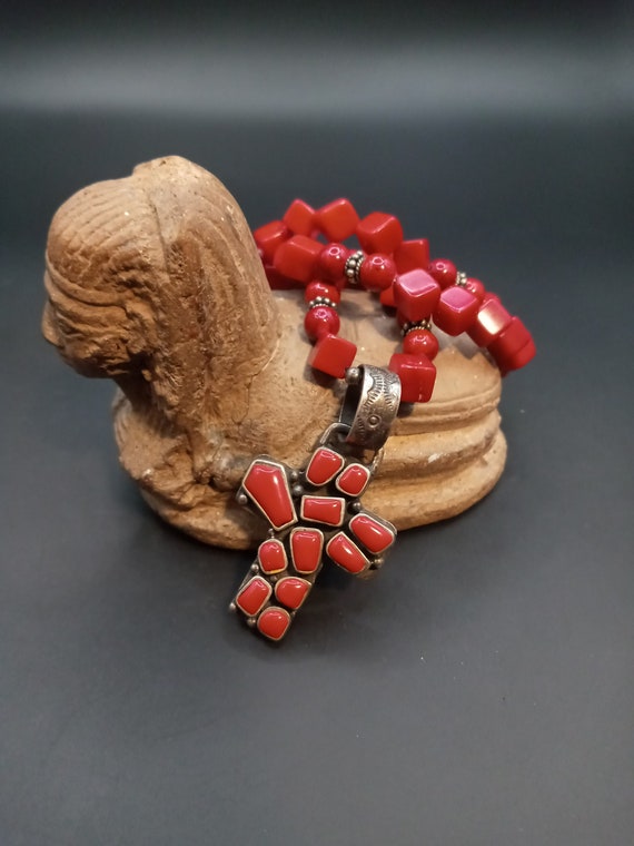 Sterling Silver Red Coral Vintage Artisan Necklace