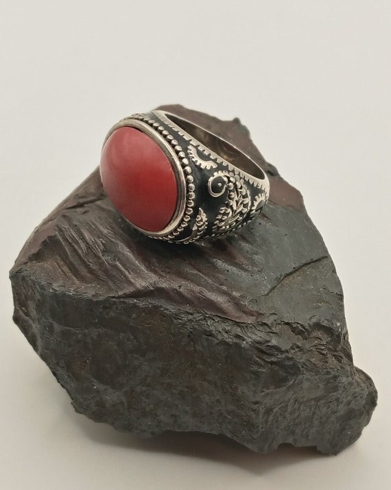 Sterling Silver Coral womans Ring, Large Oxidized 