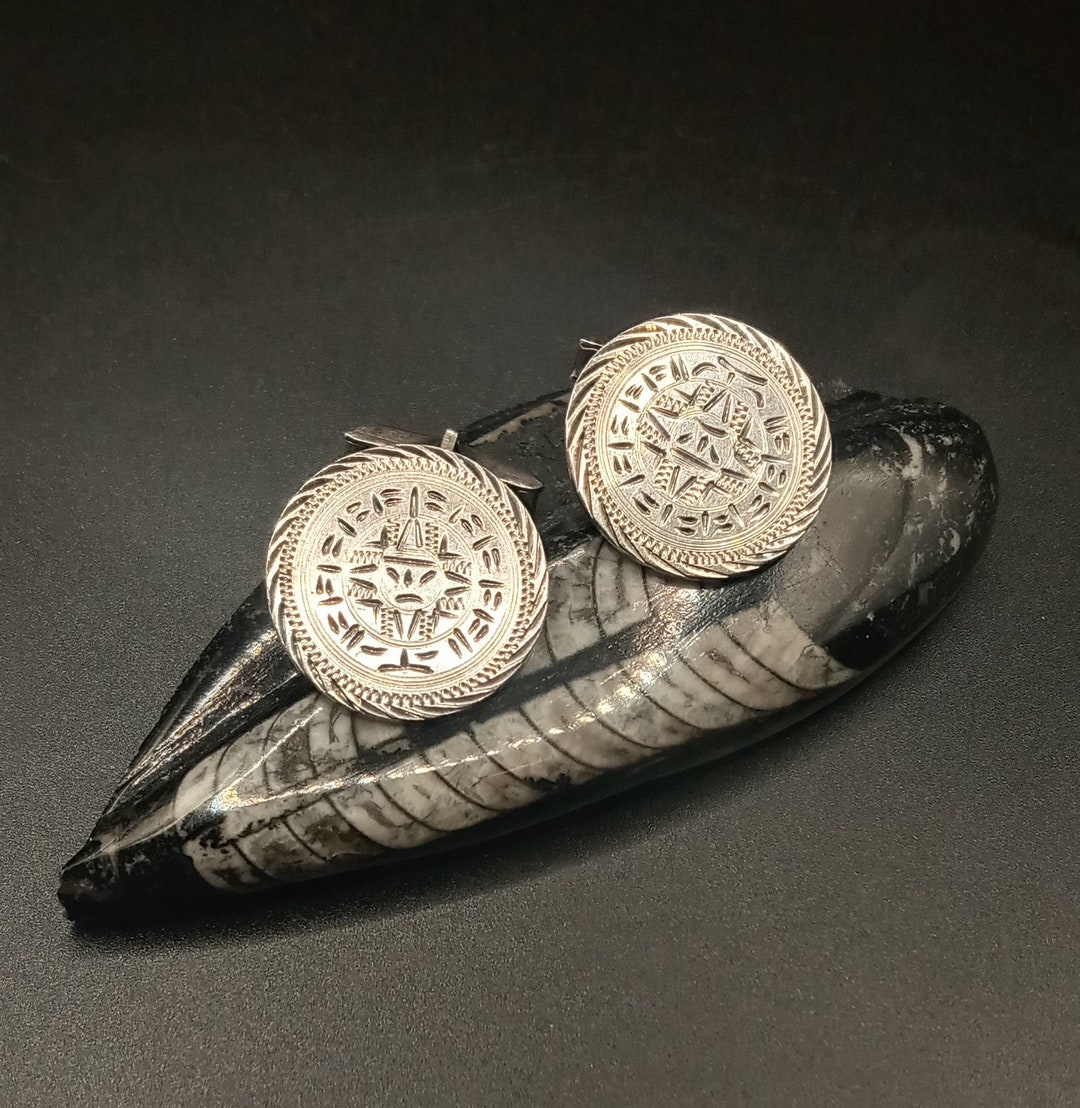 Boutons De Manchette Vintage En Argent Sterling - Calendrier Aztèque - Plamex Mexico
