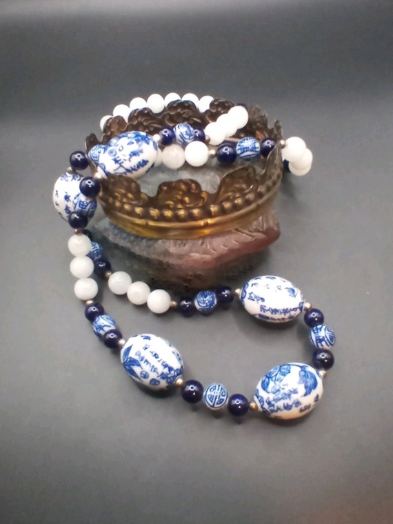 Vintage Chinese Hand Painted Porcelain Beads Coba… - image 1