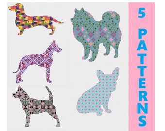 Save 33%! Patterned Dogs Series 1: 5 Counted Cross Stitch Patterns - French Bulldog, Floral Pomeranian, Great Dane, Dachshund, Southwestern