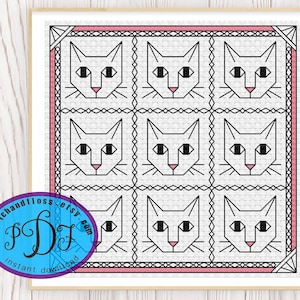 Puede incluir: Un patrón de punto de cruz con nueve caras de gato blancas estilizadas con contornos negros, dispuestas en una cuadrícula de 3x3. El patrón está enmarcado con un borde rosa y negro.