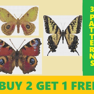 May include: Three butterfly cross-stitch patterns, including a yellow butterfly, a brown and red butterfly, and a black and yellow butterfly. The text "BUY 2 GET 1 FREE" is at the bottom of the image. The text "3 PATTERNS" is on the right side of the image.
