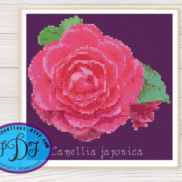 Camellia japonica - Alabama State Flower - Pretty Pink Floral Design - Counted Cross Stitch PDF Chart Instant Download