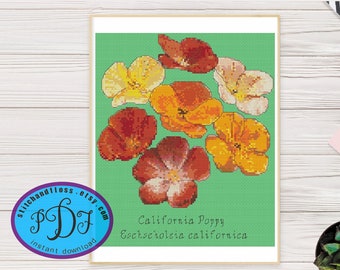 California Poppy - Eschscholzia californica - State Flower - Pretty Realistic Watercolor Design - Counted Cross Stitch PDF Pattern Download