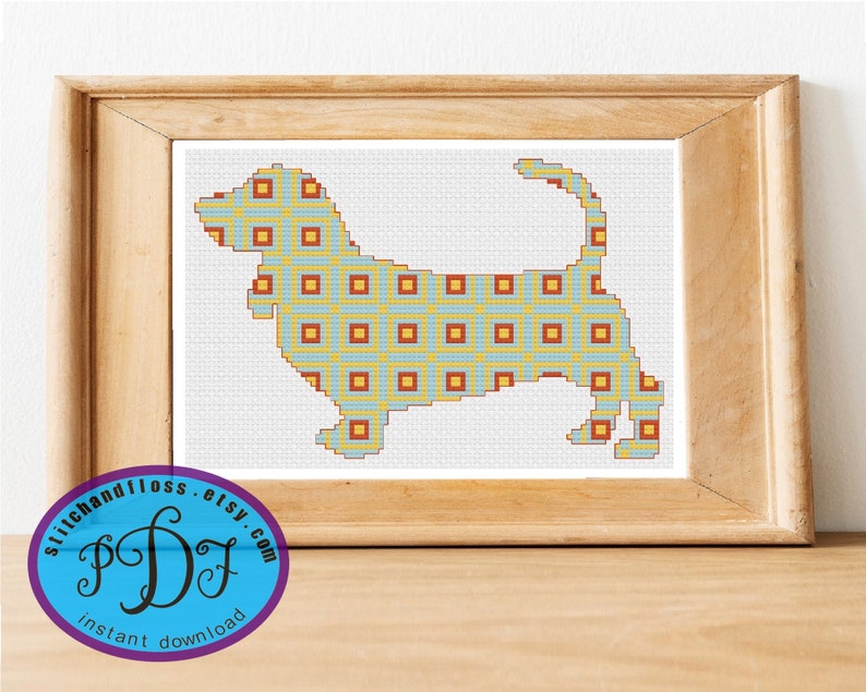 Checked Basset Hound Silhouette Cross Stitch Pattern Instant Download Cute Fun Beginner Stitching Project Customize with Pet's Name image 1