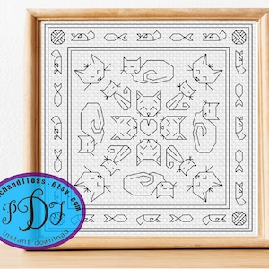 May include: Black and white cross stitch pattern featuring a geometric design of cats. The pattern is framed in a wooden frame.