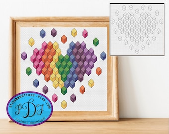 3D Rainbow Cubes Heart - Full Color or Blackwork Pattern - Small Counted Cross Stitch Chart - Fun and Colorful Geometric Design