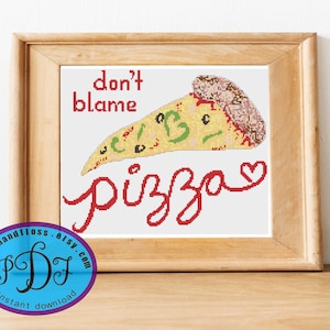 Geef Pizza niet de schuld! Leuk grappig kruissteekpatroon - Instant PDF-kaart downloaden - Veggie Pizza Love Heart