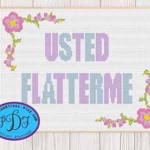 May include: Cross stitch pattern featuring the text "You  Flatter Me" in pink and blue lettering with a floral border. The pattern is available as an instant download.