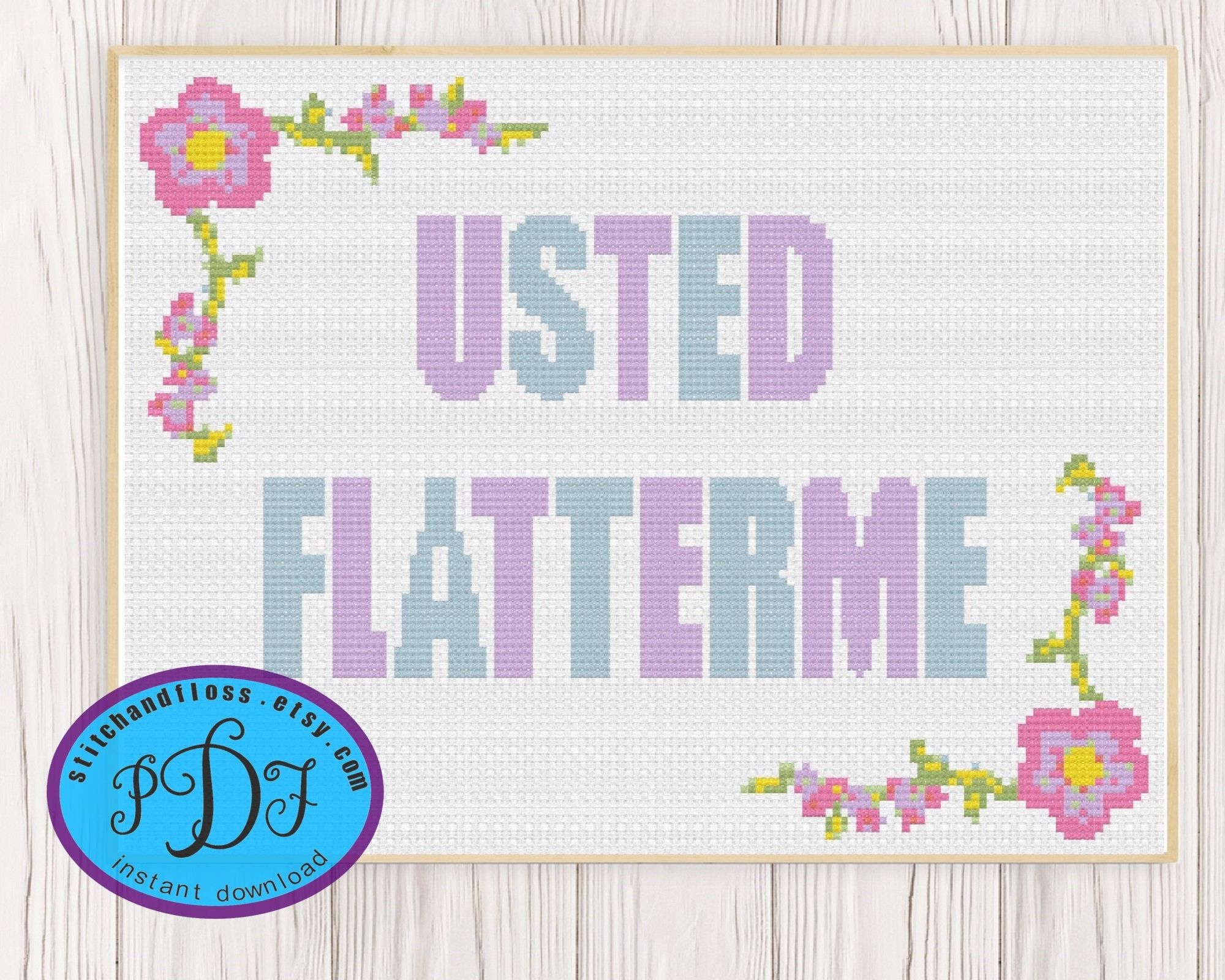 Usted Flatterme! - Counted Cross Stitch Pattern - Classic Peggy Hill Spanglish Quote - Cute floral border - Fun Pop Culture Nineties Texas