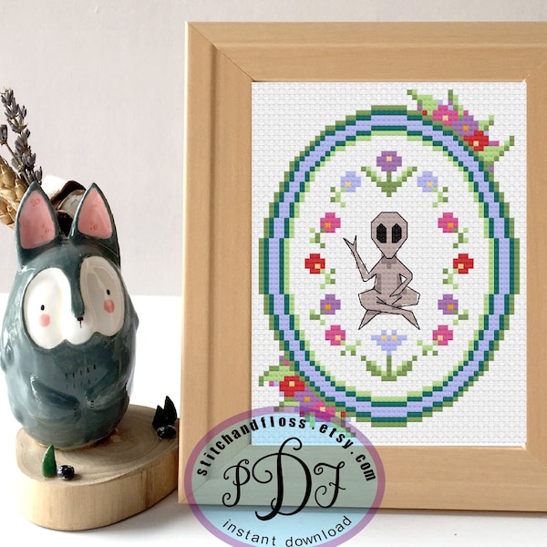 Gray Alien Floral Cameo - Mini Counted Cross Stitch Pattern Instant PDF Download