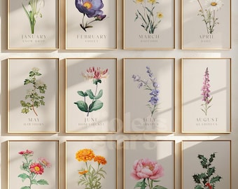 Pacchetto di stampe murali con fiori di nascita, stampe botaniche vintage, opere d'arte per la parete della galleria (download digitale)