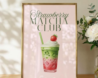 Poster da parete Strawberry Matcha Club, opera d'arte per la cucina a tema matcha, stampa decorativa rosa, stampe per la zona caffè, quadri da parete per la cucina
