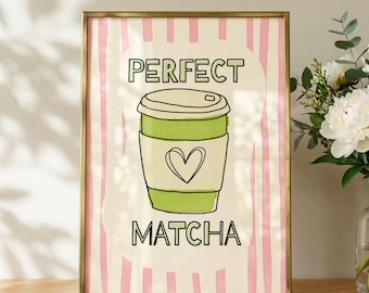 Poster da parete per la cucina con matcha rosa, opera d'arte perfetta a tema matcha, stampe per la cucina in stile femminile, poster decorativo che stimola la dopamina, galleria d'arte colorata per la parete della cucina