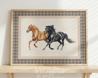 Stampa di cavalli selvaggi in stile rustico, decorazione murale neutra per la casa, poster equestre, arte murale a tema equitazione, regalo per amanti dei cavalli