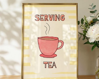 Poster da parete per la cucina, stampa colorata per la galleria di immagini a tema tè, servizio del tè, divertente opera d'arte da parete, decorazione femminile che stimola la dopamina, opera d'arte pastello per la cucina