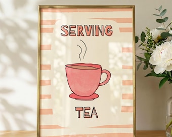 Poster da parete per la cucina, stampa colorata per galleria d'arte, servizio del tè, divertente opera d'arte da parete, decorazione femminile che stimola la dopamina, opera d'arte da cucina dai colori pastello