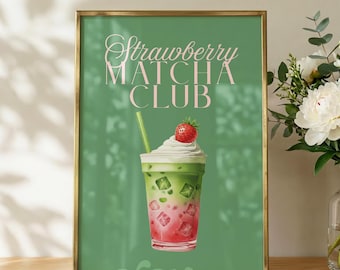 Poster da parete Strawberry Matcha Club, opera d'arte per la cucina a tema matcha, stampa decorativa verde, stampe per la zona caffè, quadri da parete per la cucina