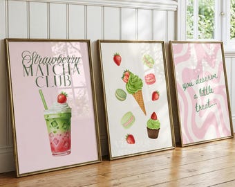Set di poster per la cucina, decorazione murale con latte macchiato freddo al matcha e fragola, stampe per la cucina in stile femminile, decorazioni per la postazione bar, decorazioni stampabili per la cucina che stimolano la dopamina