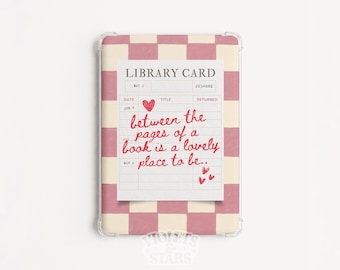 Inserto rosa per e-reader con tessera della biblioteca e citazione a quadretti a tema libri (download digitale)