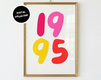 Decorazione murale personalizzata con numero fortunato / Stampa decorativa colorata che stimola la dopamina. Regalo di matrimonio, compleanno o anniversario, poster retrò e funky per la casa - Download digitale
