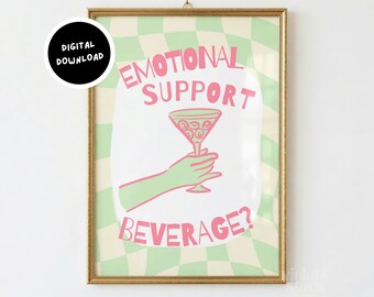 Bevanda di supporto emotivo, poster di bevande divertenti, arte per carrello bar, arte murale sulla dopamina, stampa con citazione colorata, arte verde e rosa - Download digitale