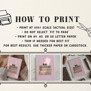 Pu&ograve; includere: Un foglio di istruzioni intitolato HOW TO PRINT con icone di stampante e forbici. Elenca le linee guida per la stampa su carta A4, A5 o US letter. Sotto, tre pannelli mostrano una cover per e-reader rosa con libri e ciliegie.
