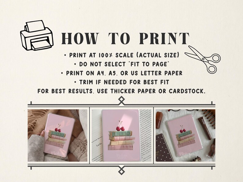 Pu&ograve; includere: Un foglio di istruzioni intitolato HOW TO PRINT con icone di stampante e forbici. Elenca le linee guida per la stampa su carta A4, A5 o US letter. Sotto, tre pannelli mostrano una cover per e-reader rosa con libri e ciliegie.