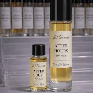 May include: Two perfume bottles, one tall and one small, with black caps and labels that read "Lit Scents AFTER HOURS for men." The bottles are filled with a golden liquid. The text "Own the Room" is also visible.