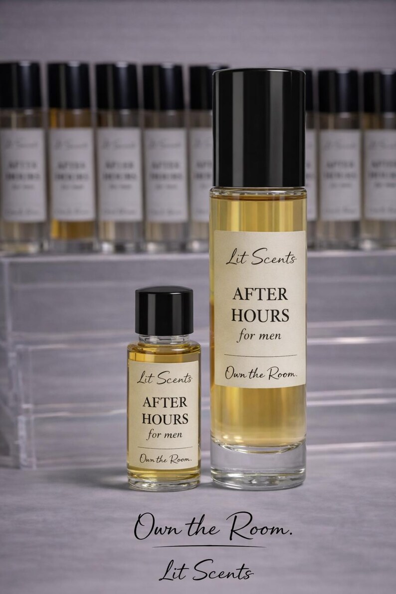 May include: Two perfume bottles, one tall and one small, with black caps and labels that read "Lit Scents AFTER HOURS for men." The bottles are filled with a golden liquid. The text "Own the Room" is also visible.