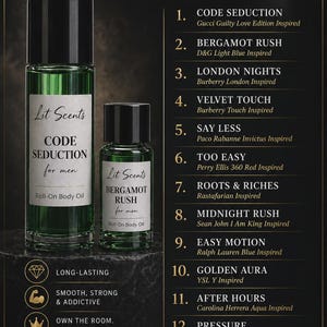 May include: An advertisement for Lit Scents Men's Collection roll-on body oils. The image features two green glass bottles with black caps, labeled "Code Seduction" and "Bergamot Rush." The text highlights key features and a phone number.