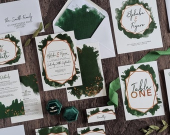 Geometric Emerald Wedding Invitations | Stationery Suite | Save the Dates | Place Cards | Table Numbers | Order of Service | Thank You