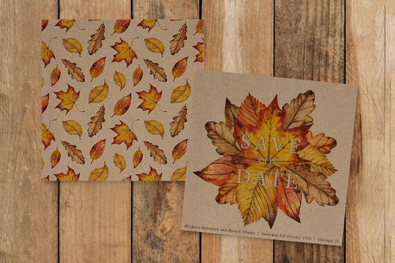 Autumn Leaves Watercolour Save The Dates Kraft Paper Fall Etsy