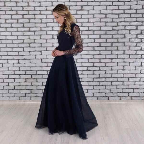 Navy Lace Long Sleeve Mother of the Bride Dress, Mother of the Groom Dress, Tea Length Dress, Mother of the Bride Dresses
