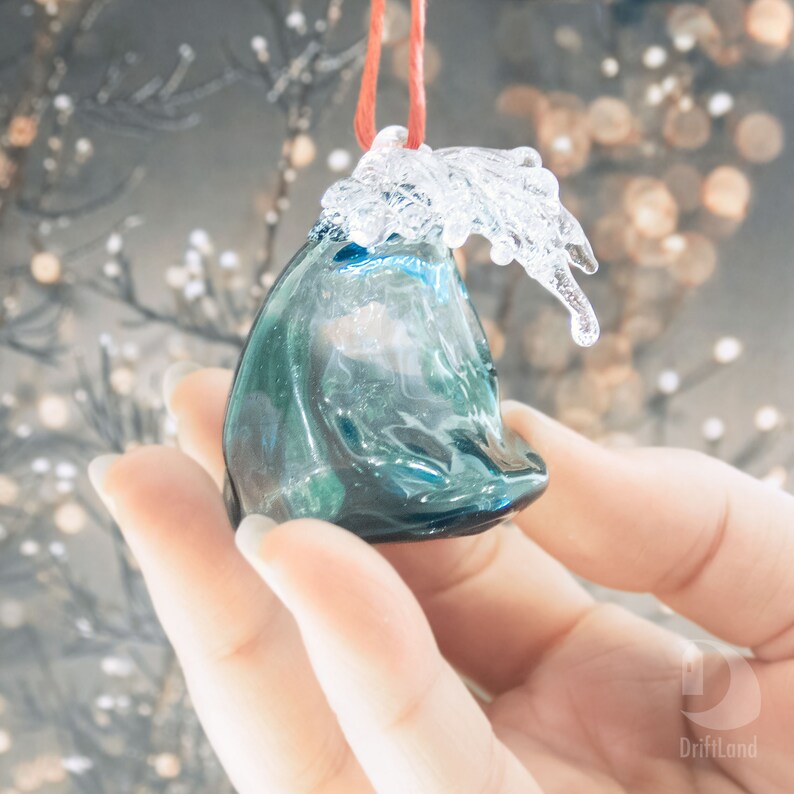 Hand Blown glass Wave \u2022 Christmas tree ornament \u2022 Ocean Art glass Nautical Decoration
