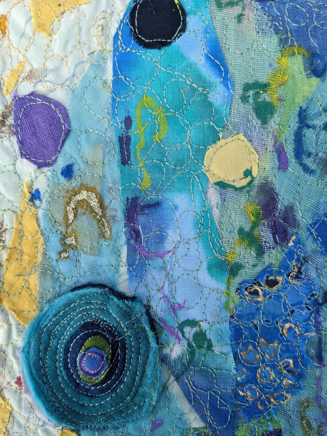 View of Embroidered Recycled Fabric Wall Art, Colorful Upcycled Textile (24x18 ...