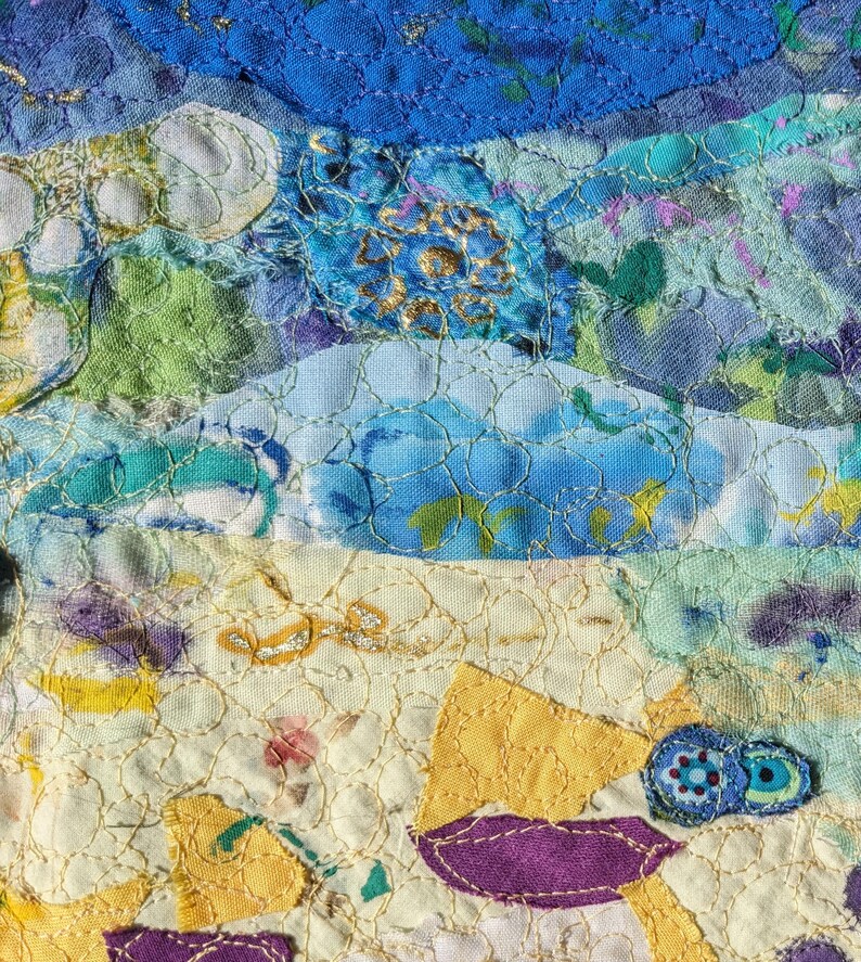 Image showcasing Embroidered Recycled Fabric Wall Art, Colorful Upcycled Textile (24x18 ...