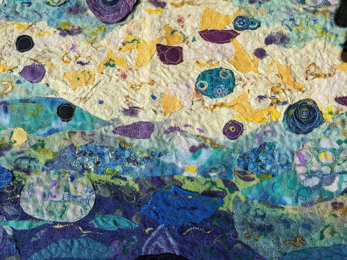 Image showcasing Embroidered Recycled Fabric Wall Art, Colorful Upcycled Textile (24x18 ...