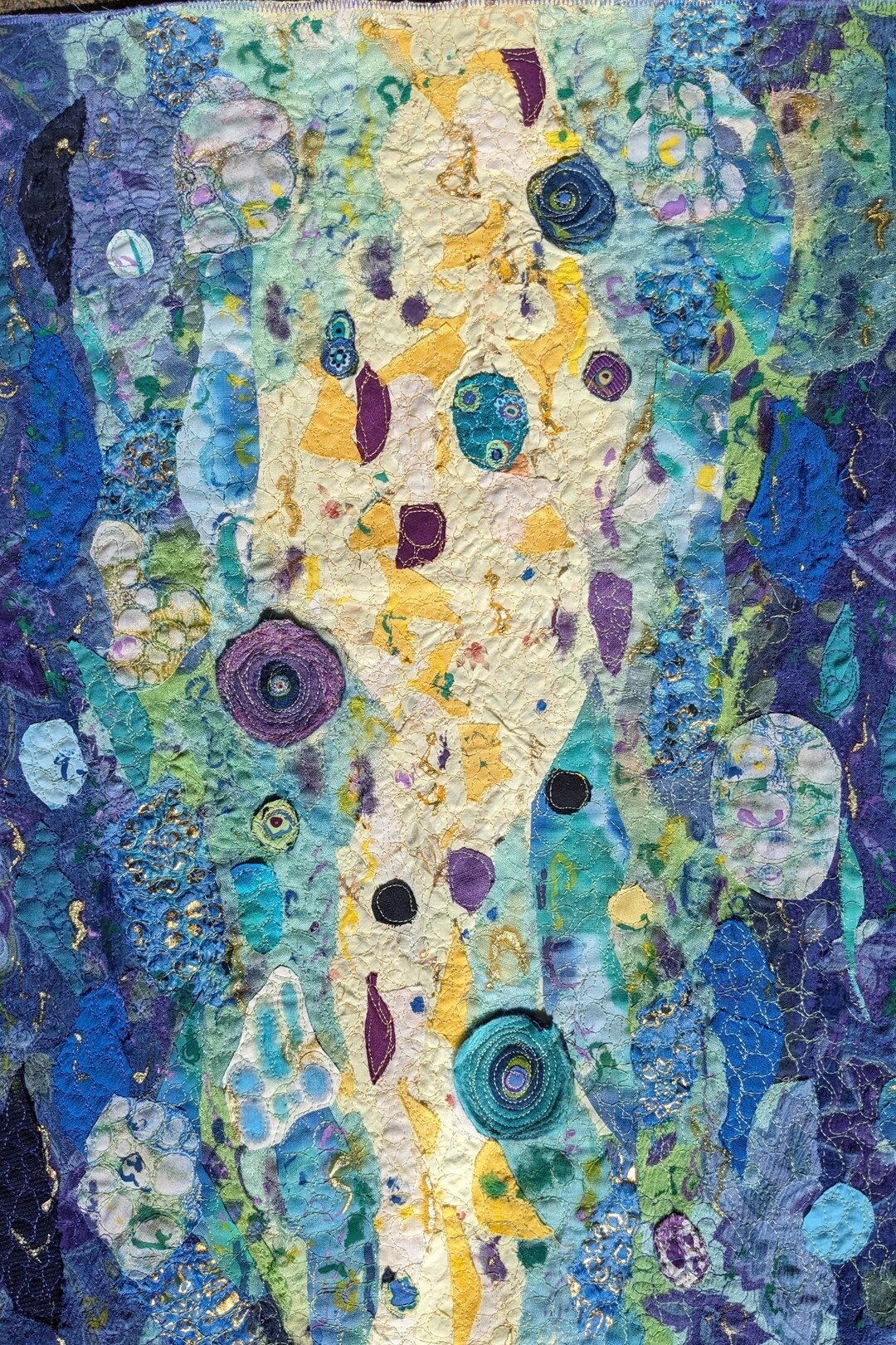 Image showcasing Embroidered Recycled Fabric Wall Art, Colorful Upcycled Textile (24x18 ...